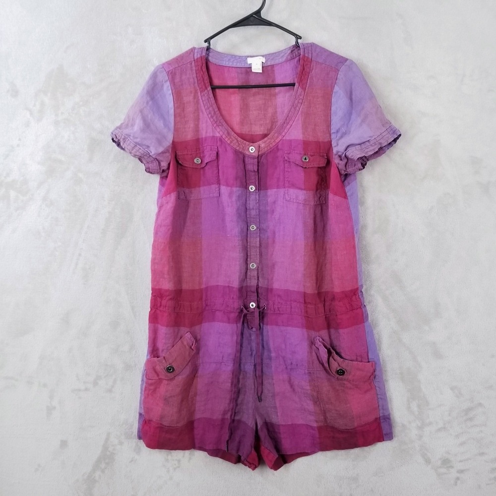 J.Crew Romper Womens 100% Linen Plaid Purple Pink‎ Short Sleeve Size 8 Casual